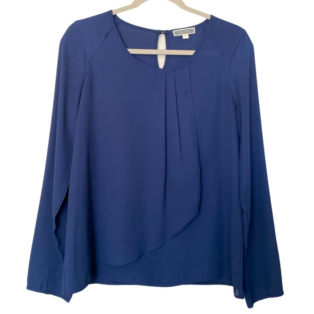 Pleione Flowy Pleated Blue Long Sleeve Top Blouse Size Small